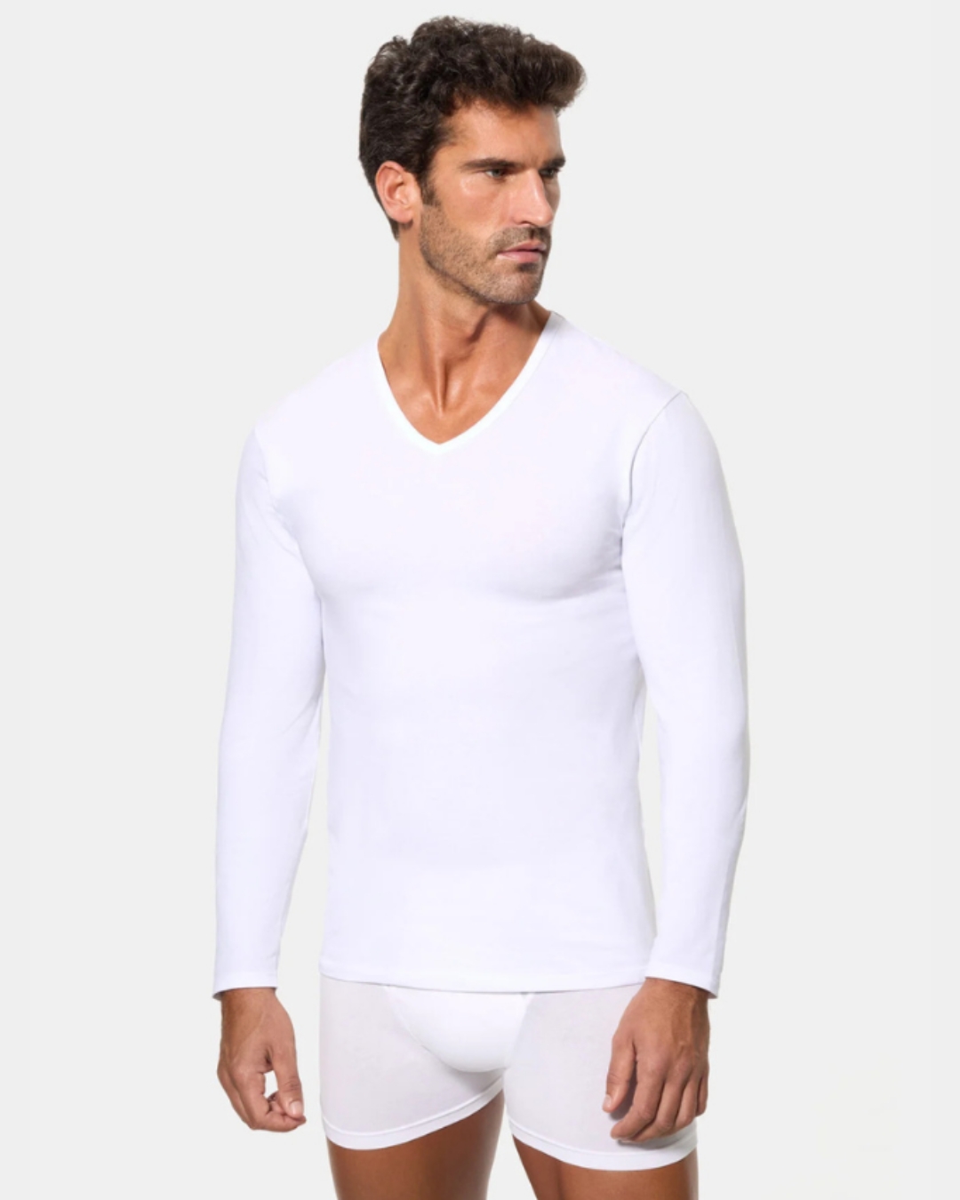 Camisola interior de homem Abanderado manga comprida branca com gola em bico vista frontal
