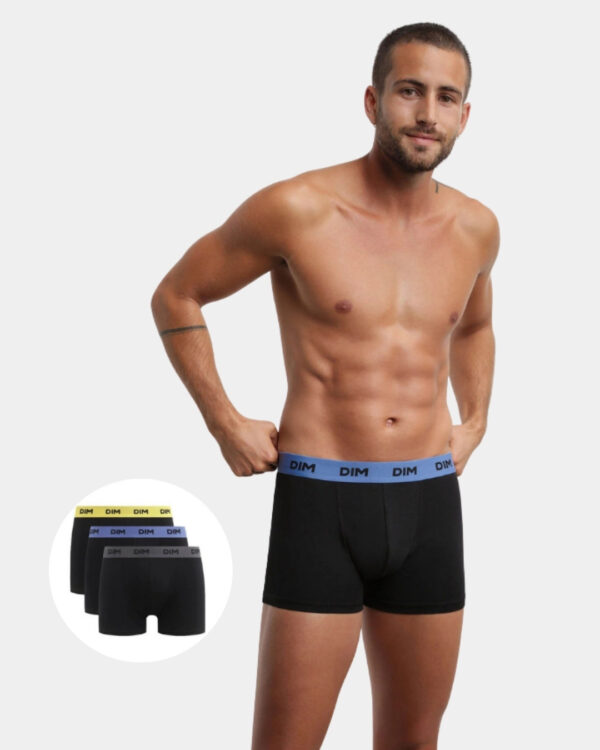 Pack de 3 boxers DIM para homem pretos com cós colorido vista frontal