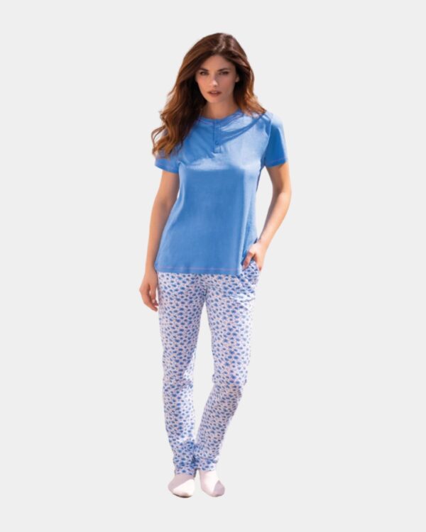 pijama mulher algodao sielei floral manga curta azul