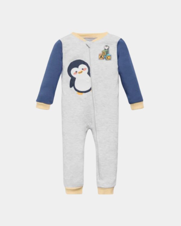 babygrow bebe algodao pinguim ysabel mora cinzento azul amarelo