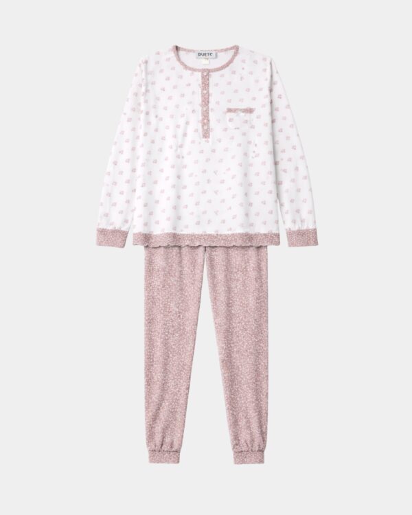 pijama mulher algodao floral folhos punhos dueto branco rosa