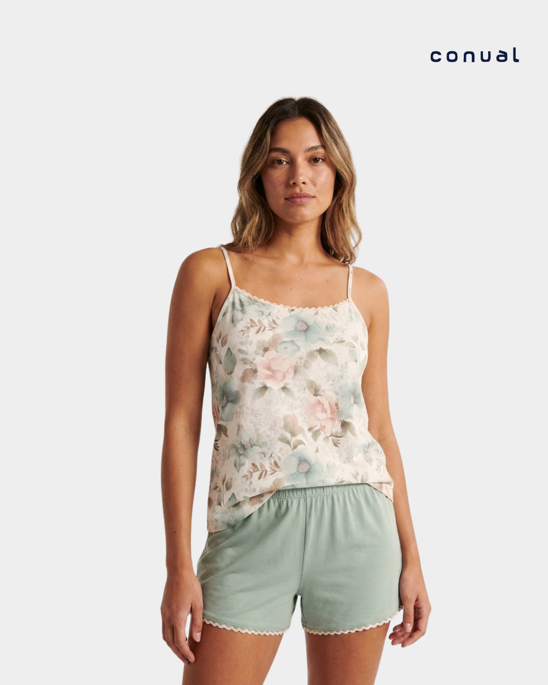 pijama alcas flores pastel conual mulher frente