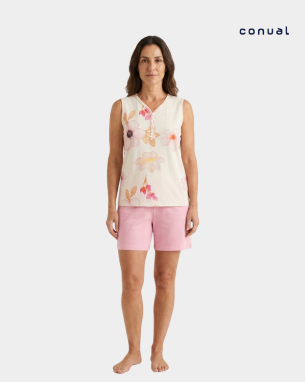 pijama alcas flores tropicais camisola estampado detalhe