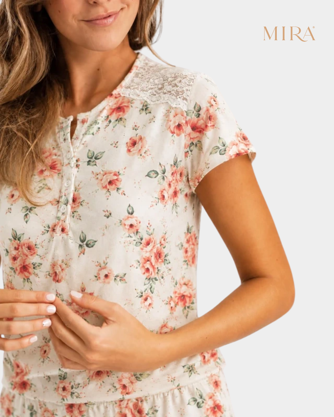 pijama curto rosas camisola renda ombros detalhe