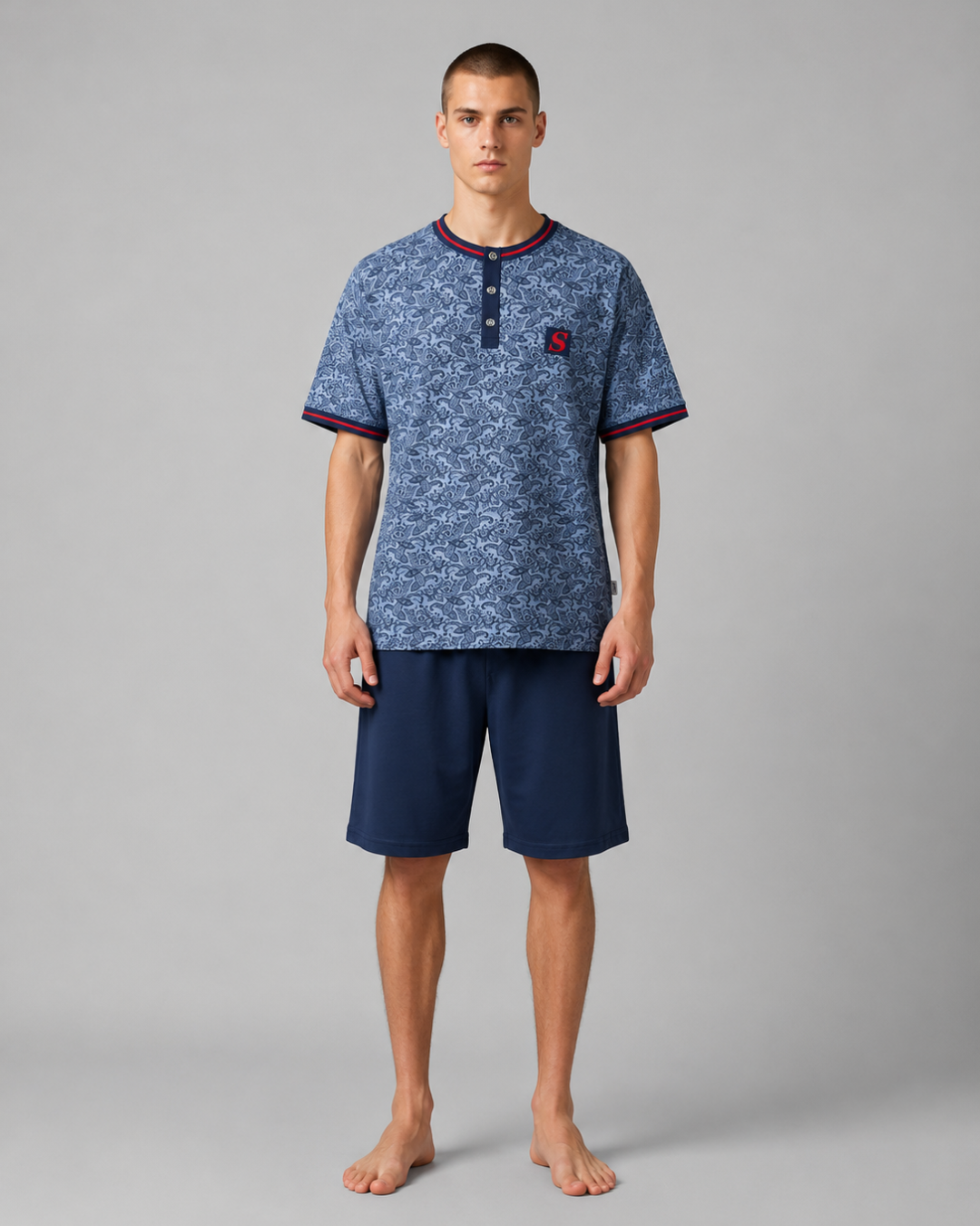 pijama homem algodao manga curta sari azul paisley