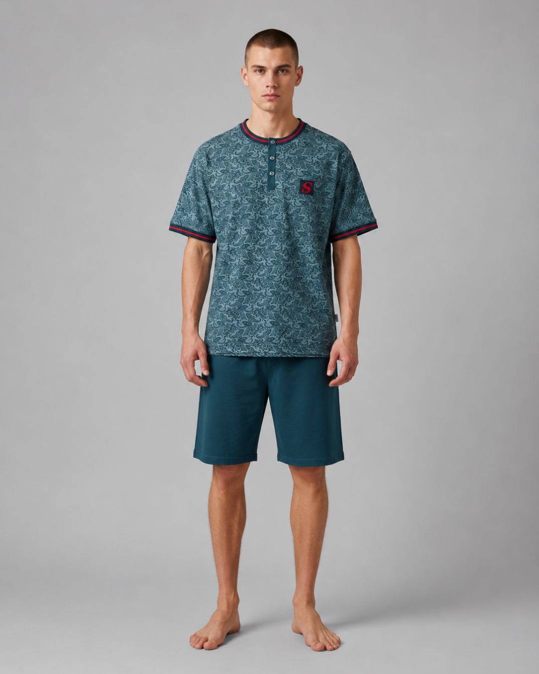 pijama homem algodao manga curta sari verde petroleo paisley