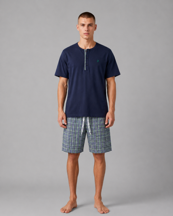 pijama homem algodao manga curta sotela azul xadrez