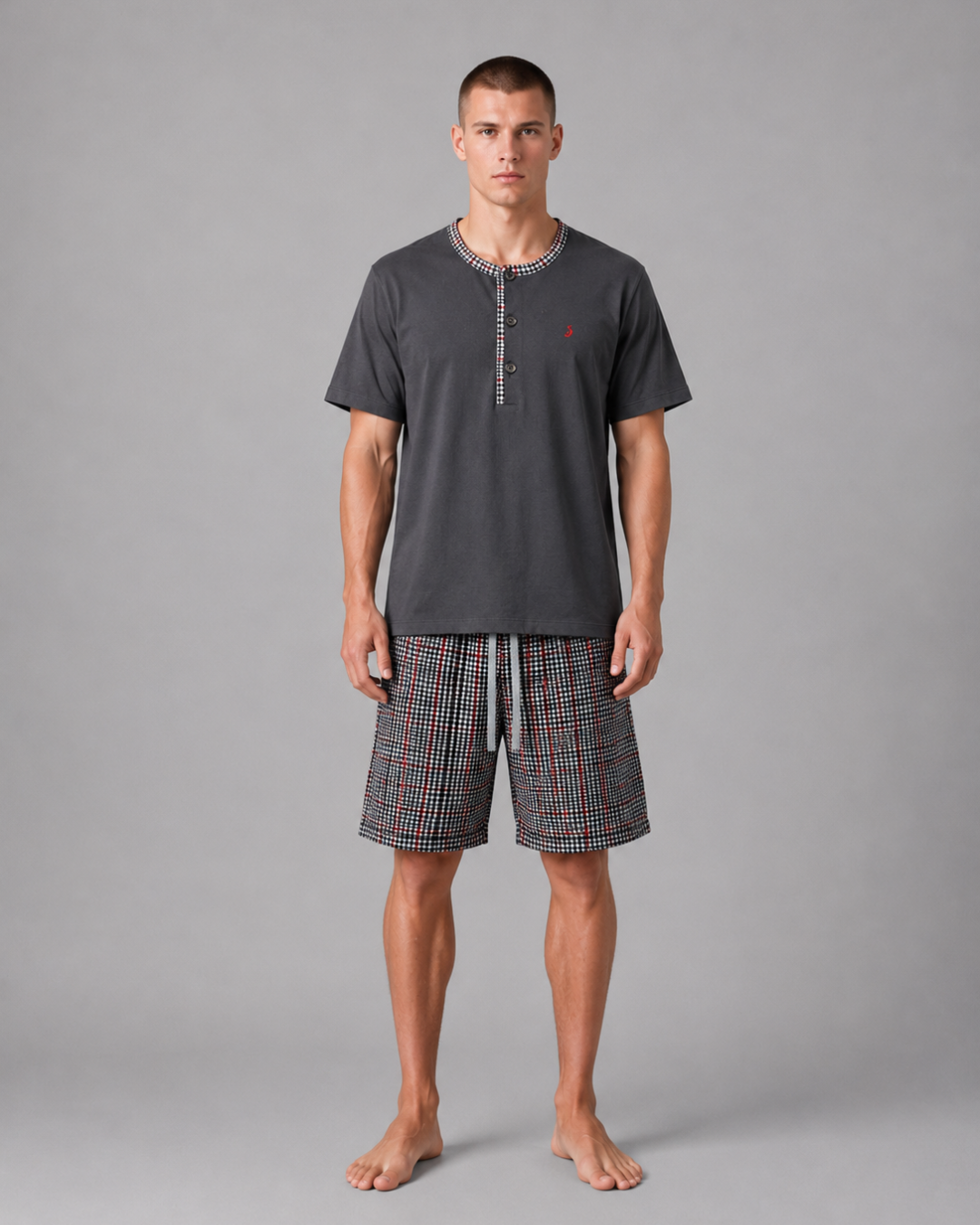 pijama homem algodao manga curta sotela cinzento xadrez